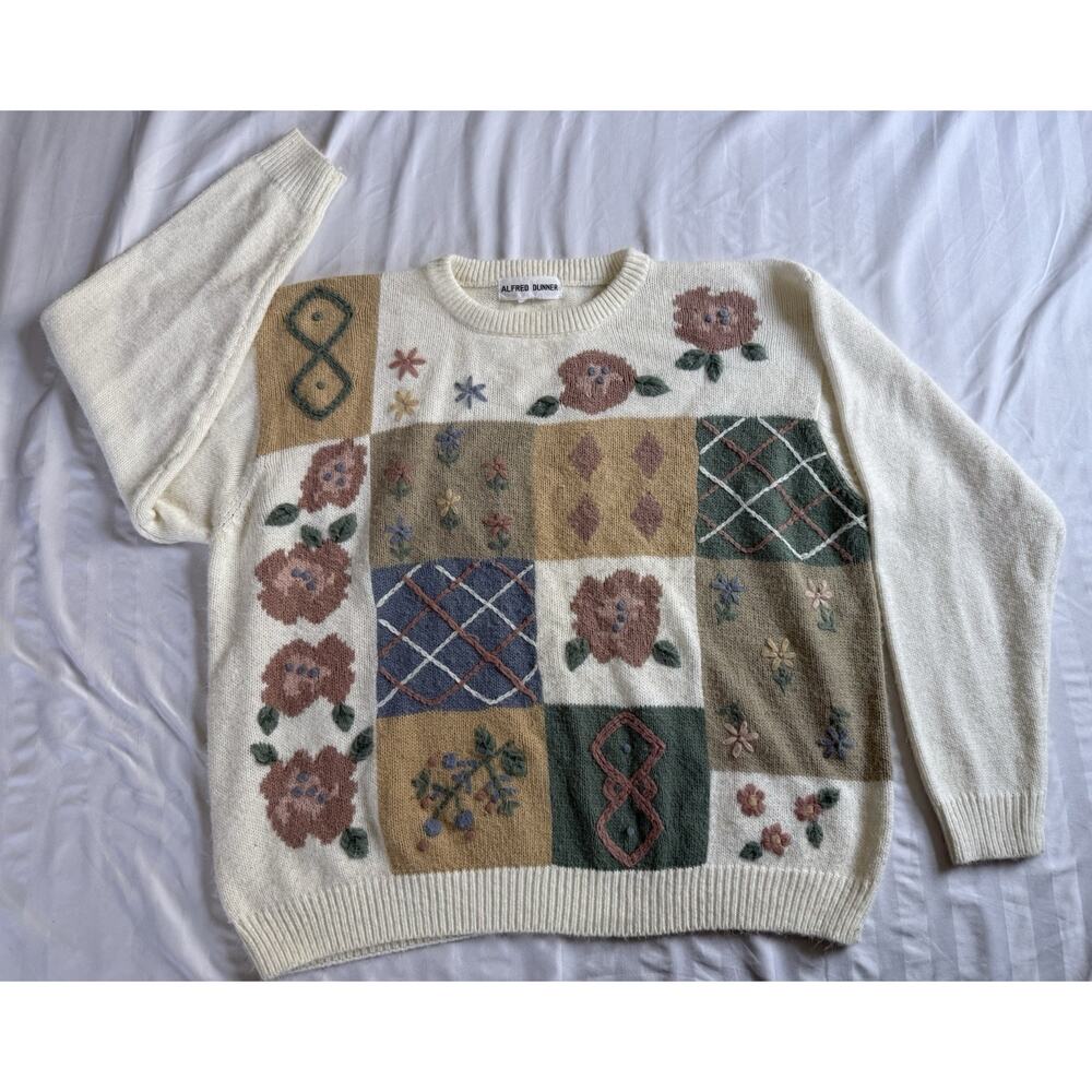 Alfred Dunner Vintage Floral Patchwork Crew Neck Sweater Multi #2196 Grannycore